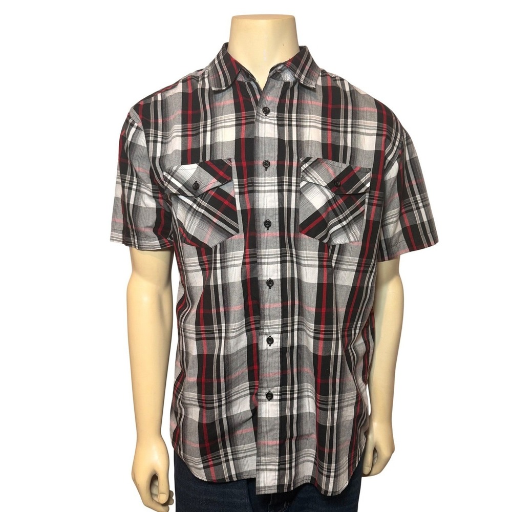 Beverly Hills Polo Club Mens Plaid Short Sleeve Button Down Shirt Red Black L